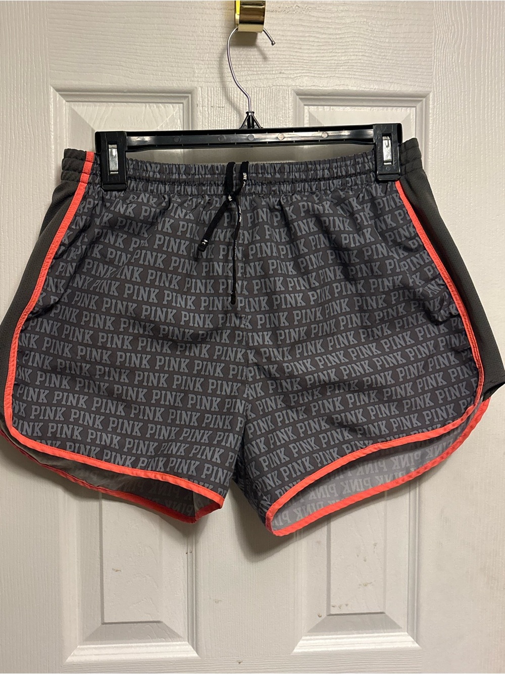 PINK Victoria's Secret Gray All-Over Logo Athletic Shorts with Coral Trim